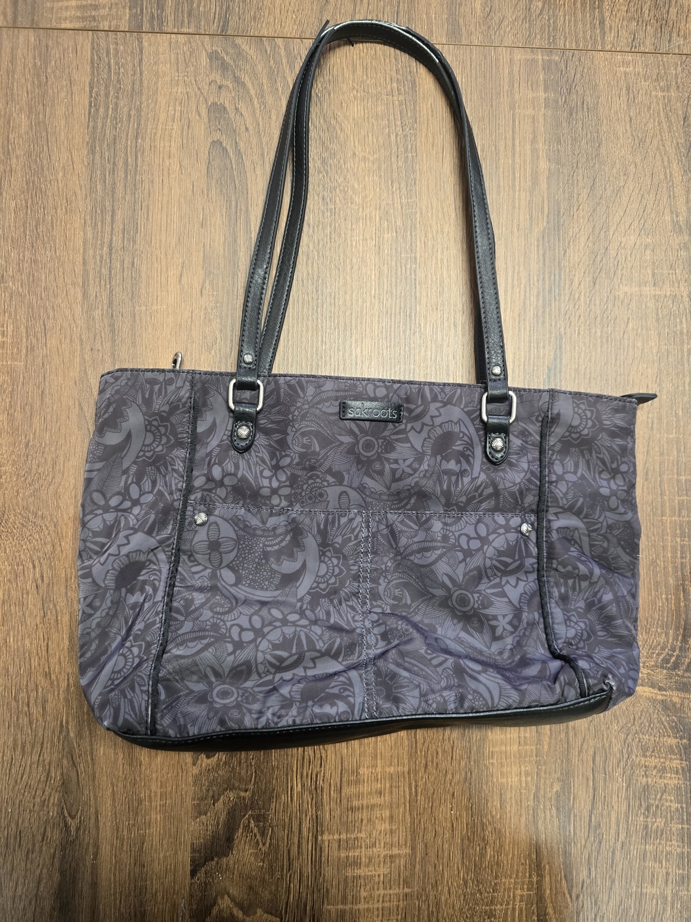 Sakroots Gray Black Floral Tote Bag Shoulder Handbag Zip Top Multi Pocket